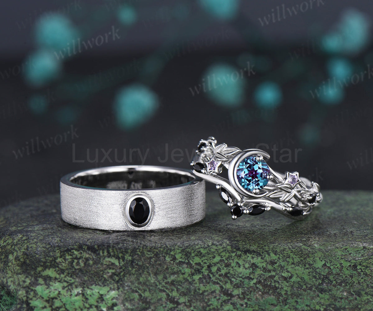 Round Alexandrite Moon Leaf Black Spinel Ring Set & Solitaire Black Onyx Brushed Finish - image 4