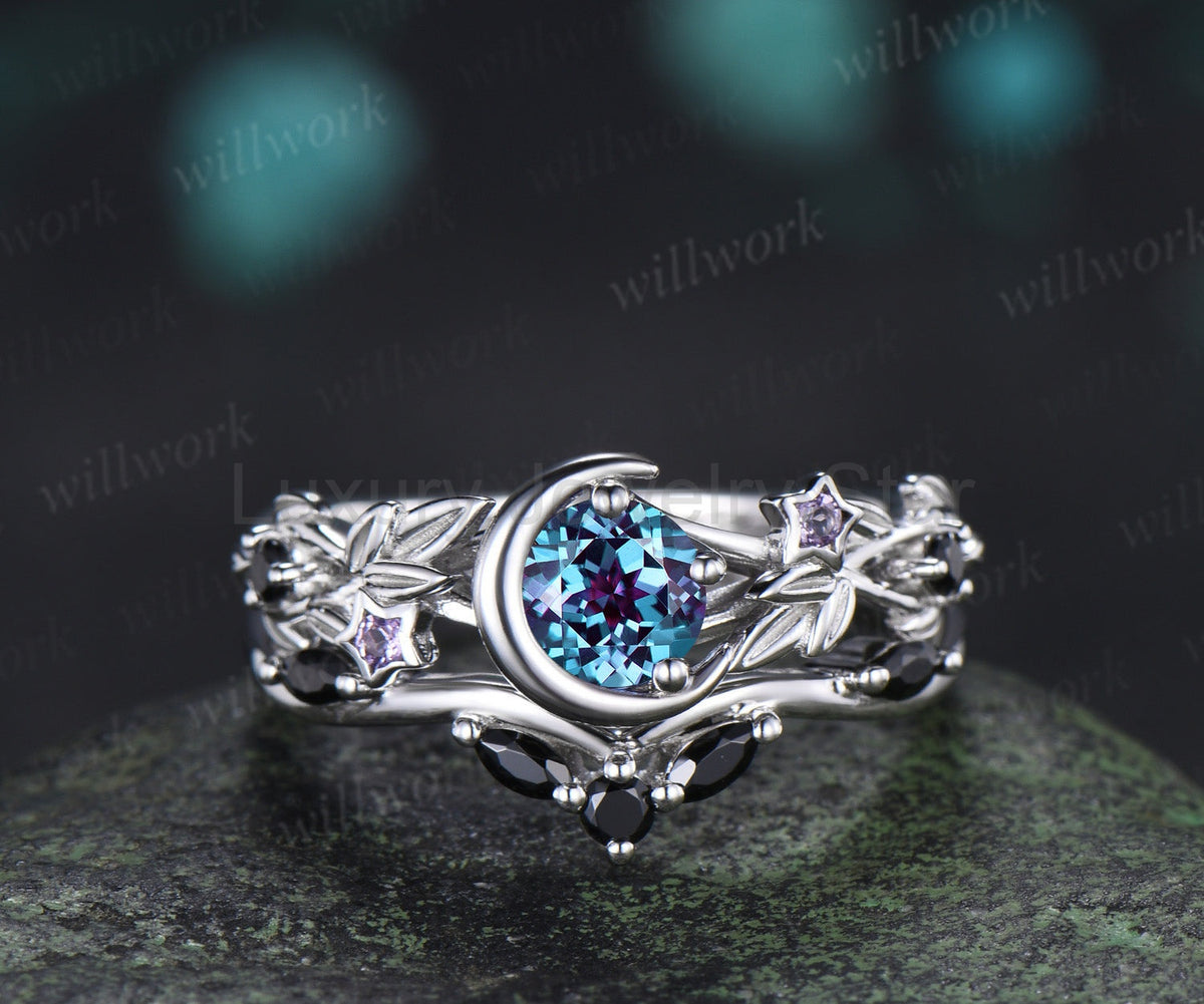 Round Alexandrite Moon Leaf Black Spinel Ring Set & Solitaire Black Onyx Brushed Finish - image 5
