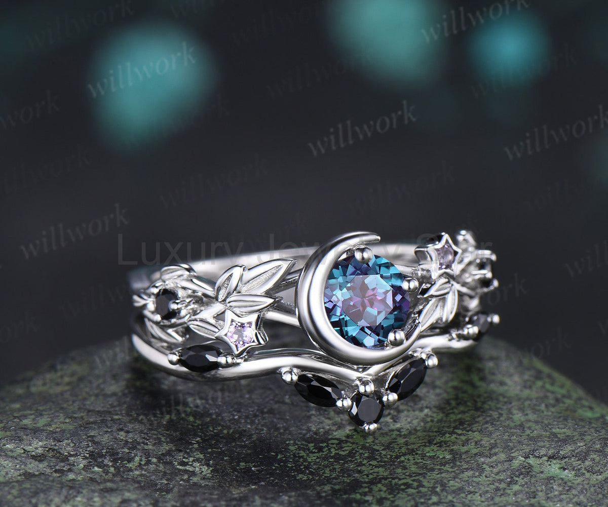 Round Alexandrite Moon Leaf Black Spinel Ring Set & Solitaire Black Onyx Brushed Finish - image 6