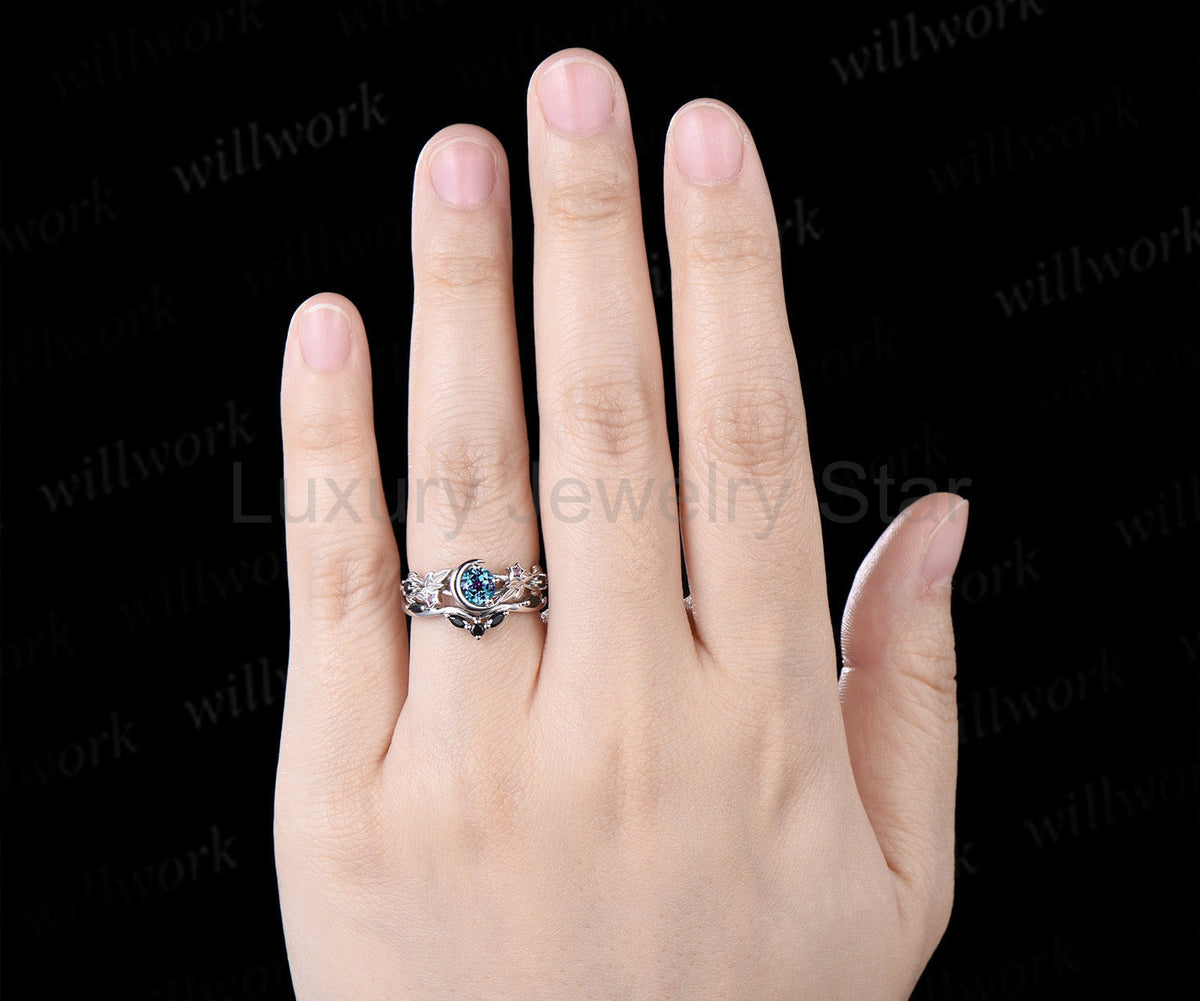 Round Alexandrite Moon Leaf Black Spinel Ring Set & Solitaire Black Onyx Brushed Finish - image 7