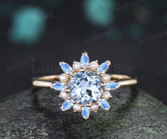 Round cut aquamarine engagement ring 14k yellow gold halo pearl marquise moonstone ring vintage