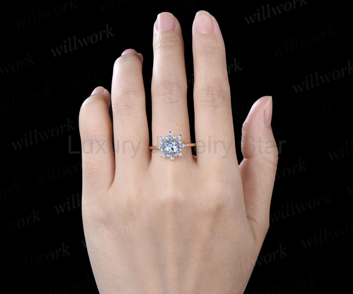 Round cut aquamarine engagement ring 14k yellow gold halo pearl marquise moonstone ring - image 2