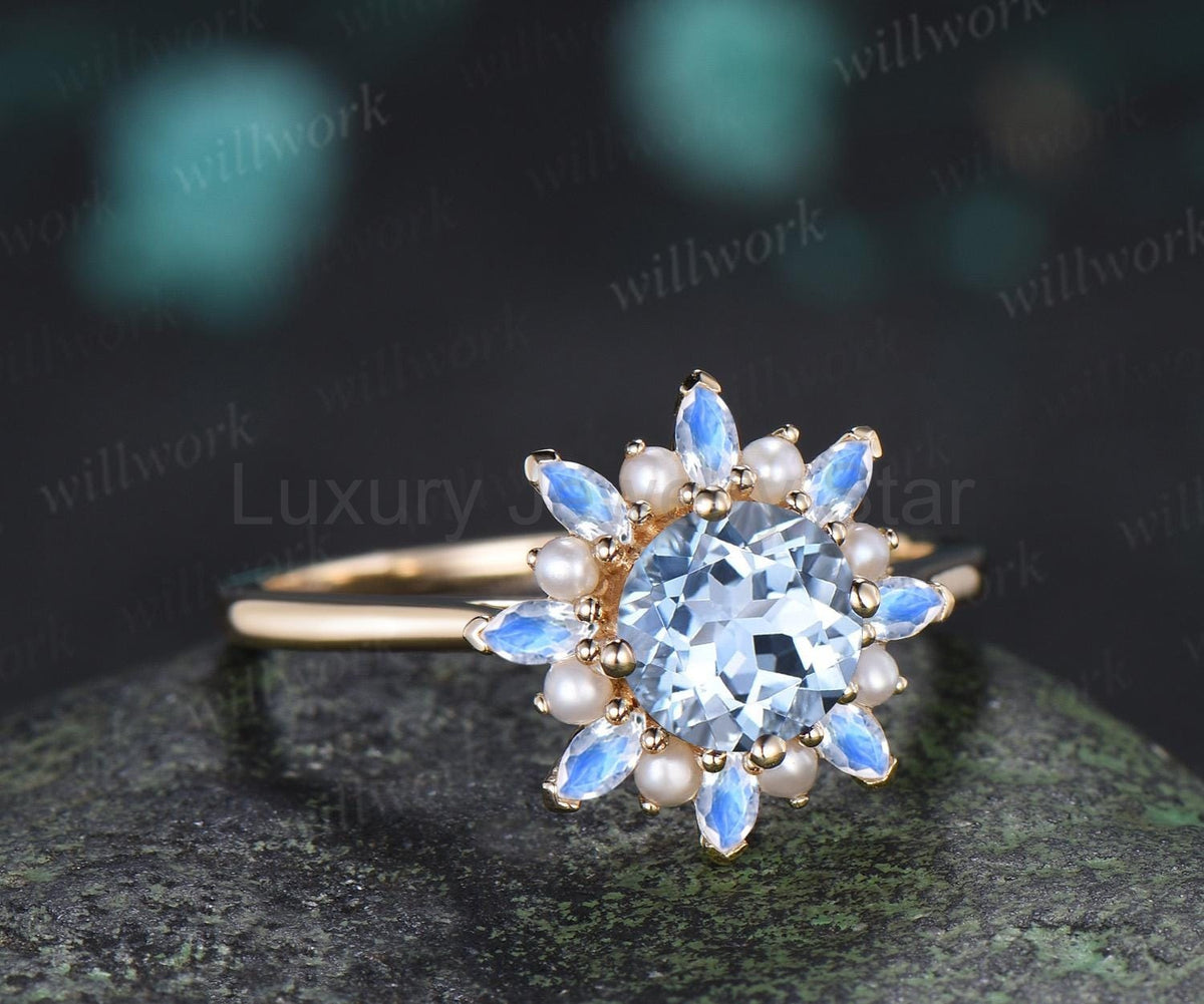 Round cut aquamarine engagement ring 14k yellow gold halo pearl marquise moonstone ring - image 3