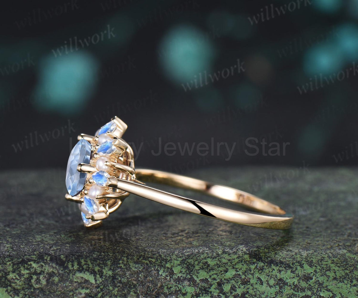 Round cut aquamarine engagement ring 14k yellow gold halo pearl marquise moonstone ring - image 4