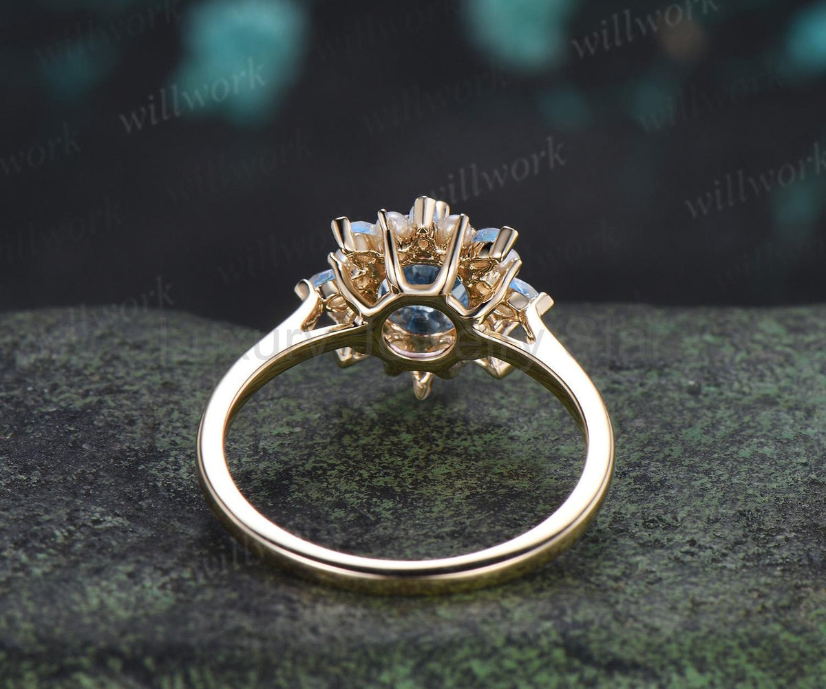 Round cut aquamarine engagement ring 14k yellow gold halo pearl marquise moonstone ring - image 5