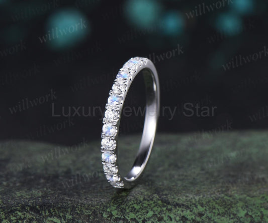 Round cut moonstone moissanite wedding band 14k white gold half eternity bridal ring women silver