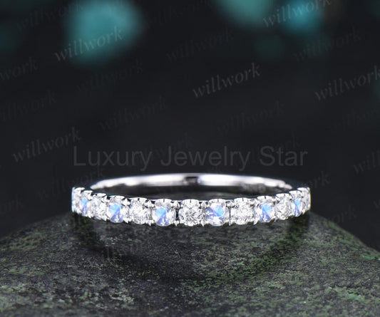 Round cut moonstone moissanite wedding band 14k white gold half eternity bridal ring women silver