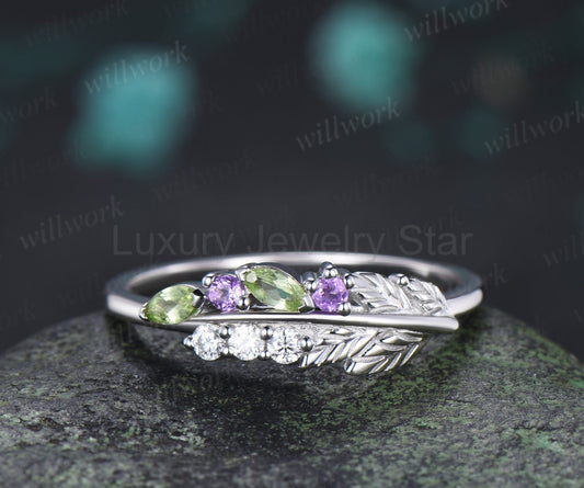 Unique Peridot Amethyst Leaf Wedding Ring Moissanite Stacking Ring Nature Inspired Wedding Band for Her