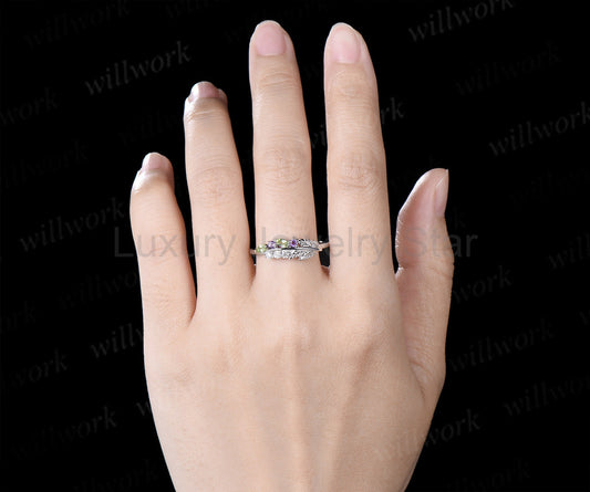Unique Peridot Amethyst Leaf Wedding Ring Moissanite Stacking Ring Nature Inspired Wedding Band for Her