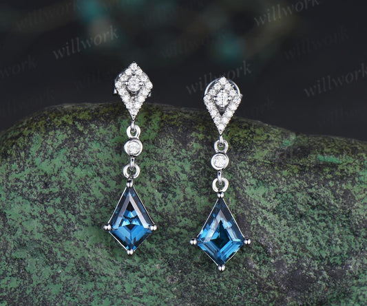Vintage kite cut London blue topaz earrings solid 14k white gold halo diamond drop earrings women