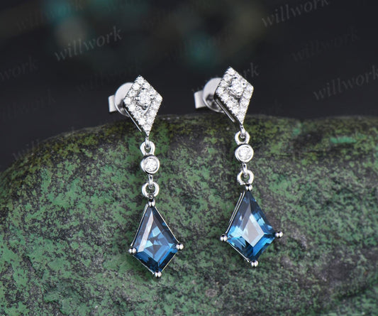 Vintage kite cut London blue topaz earrings solid 14k white gold halo diamond drop - image 2