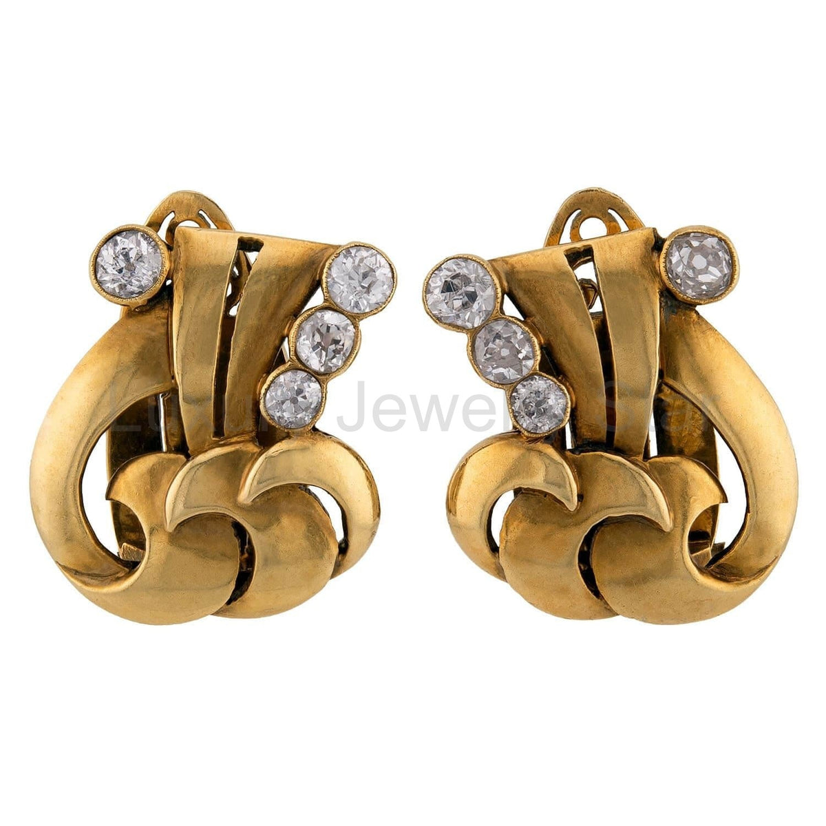 Retro 18k Diamond Wave-Motif Earrings
