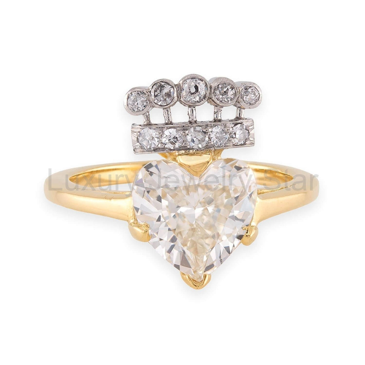 Retro 18k/Platinum 2.01ct Fancy Cut Heart Diamond Crown Ring