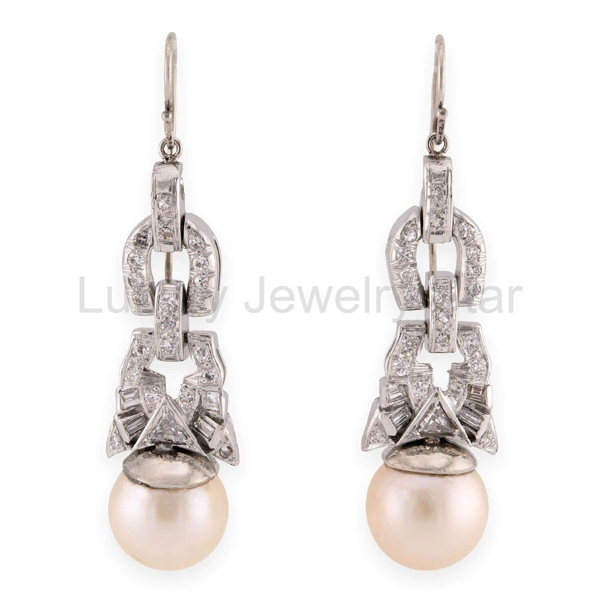 Retro Platinum Diamond & Pearl Drop Earrings
