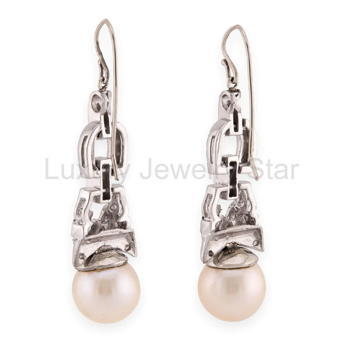 Retro Platinum Diamond & Pearl Drop Earrings - image 3