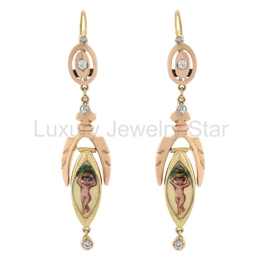 Victorian 18kt Diamond + Enameled Cherub Earrings