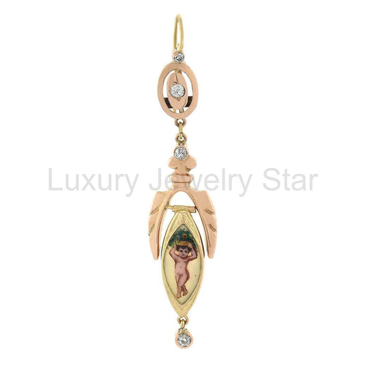 Victorian 18kt Diamond + Enameled Cherub Earrings - image 2