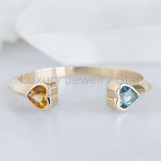 Dual Heart Birthstone Ring | Yellow Gold or Sterling Silver