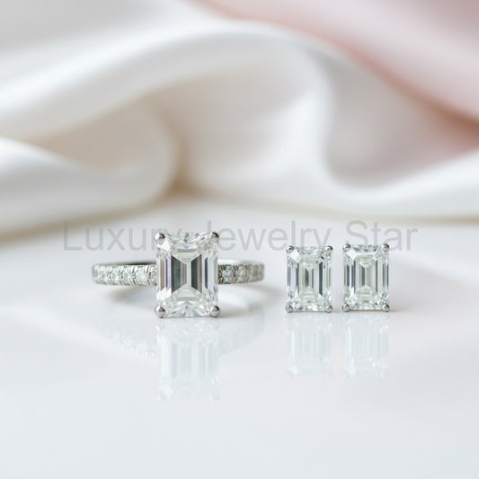 3ct Emerald Cut Moissanite Engagement Ring and Earrings Set