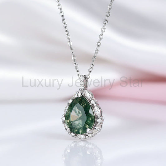 Pear-cut Natural Green Moss Agate Necklace