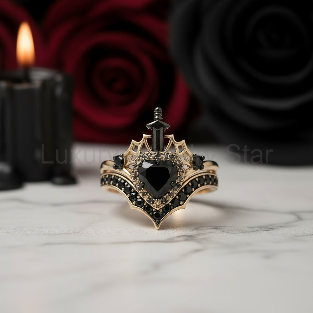 Queen of Hearts- Heart Shape Diamond Option Gothic Wedding Ring - image 2