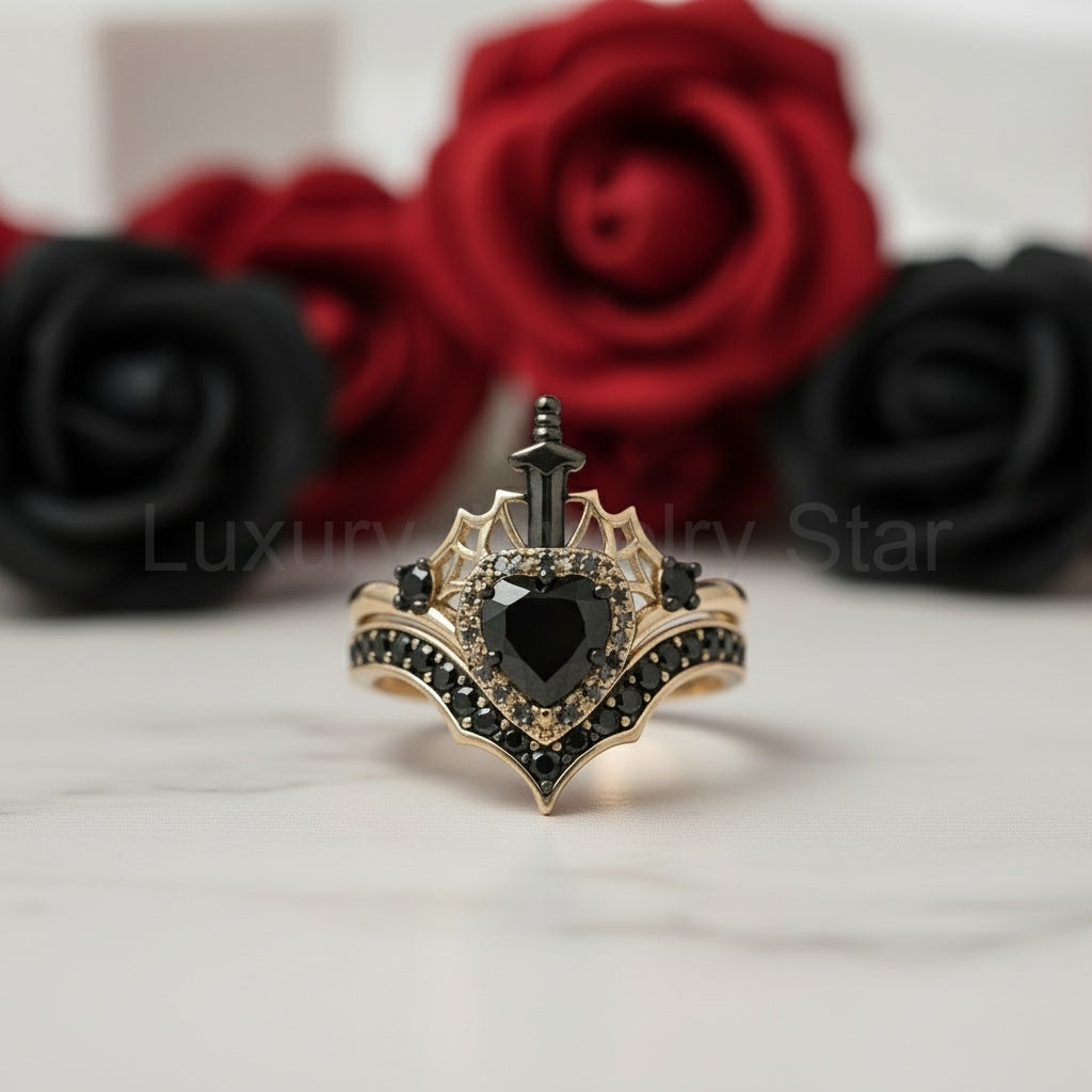 Queen of Hearts- Heart Shape Diamond Option Gothic Wedding Ring - image 6
