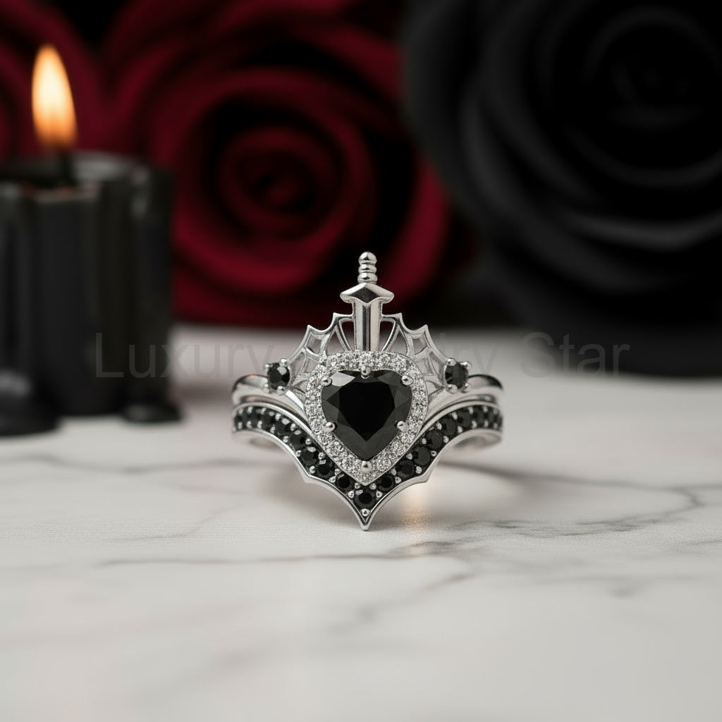 Queen of Hearts- Heart Shape Diamond Option Gothic Wedding Ring - image 9