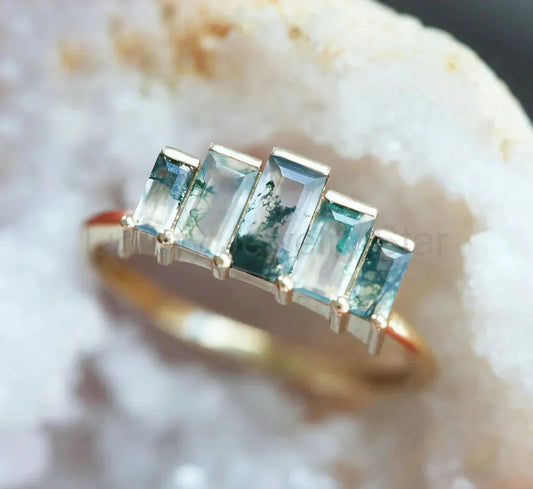 Baguette Moss Agate Art Deco Ring - 14K Yellow Gold - Ready to Ship / Agatha