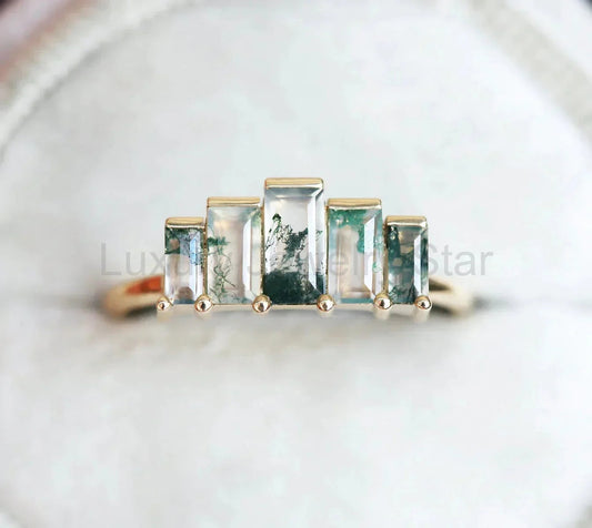 Baguette Moss Agate Art Deco Ring - 14K Yellow Gold - Ready to Ship / Agatha - image 2