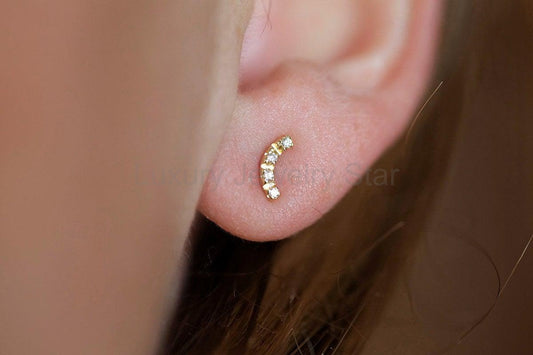 Delicate Curved Diamond Bar Stud Earrings - Ready to Ship-new