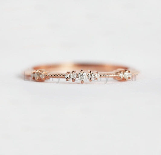 Diamond Wedding Band, Delicate Rose Gold Diamond Wedding Ring, Clustered Diamond Ring - Ready to