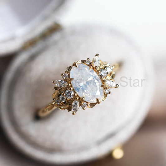 Inti Oval milky diamond ring with leaf detail - Ready to Ship-new