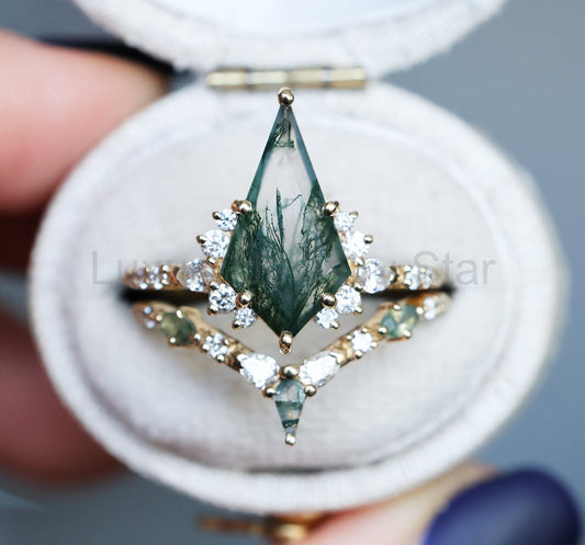Kite Moss Agate Diamond Ring Set - Diamond Band, 14k Yellow Gold - Ready to Ship / Abigail