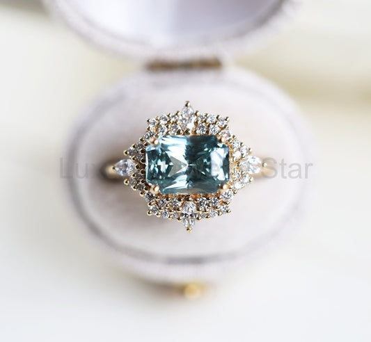 Mint sapphire diamond ring with halo diamonds - Ready to Ship-new