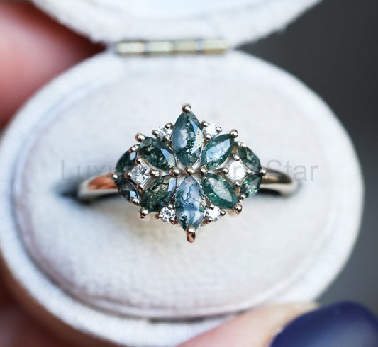 Moss Agate Diamond Cluster Ring - Diamond Band, 18k White Gold - Ready to Ship / Beatrice