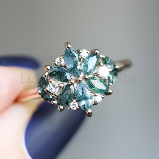 Moss Agate Diamond Cluster Ring - Diamond Band, 18k White Gold - Ready to Ship / Beatrice - image 2