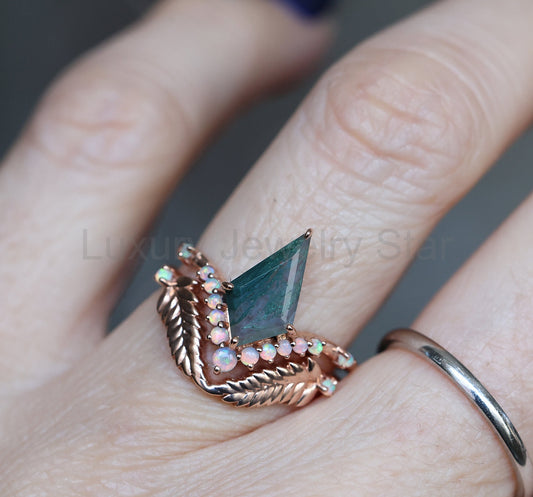Moss Agate Ring Set, 14k Rose Gold / Leaf - Ready to Ship
