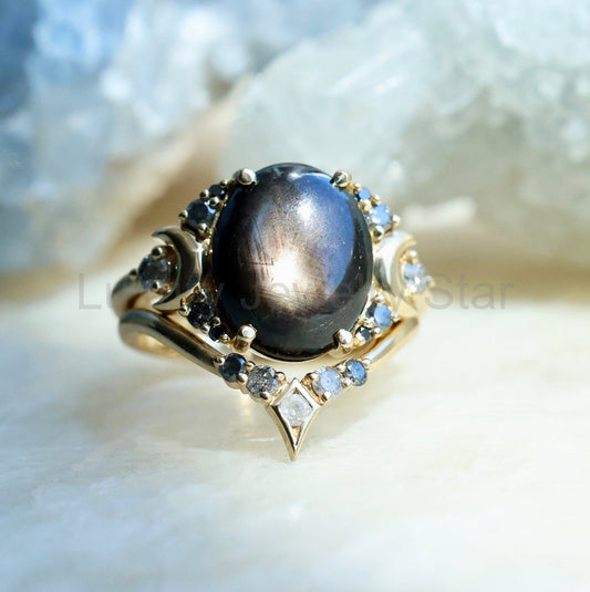 Nebula black star sapphire ring with matching band