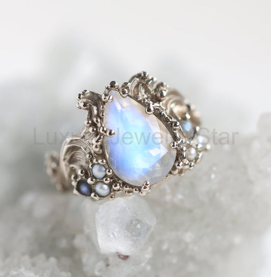 Pear Moonstone Floral Vintage Engagement Ring - Ready to Ship-new