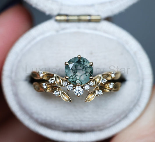 Round Moss Agate Diamond Leaf Ring Set- 14k Yellow Gold - Ready to Ship / Inti