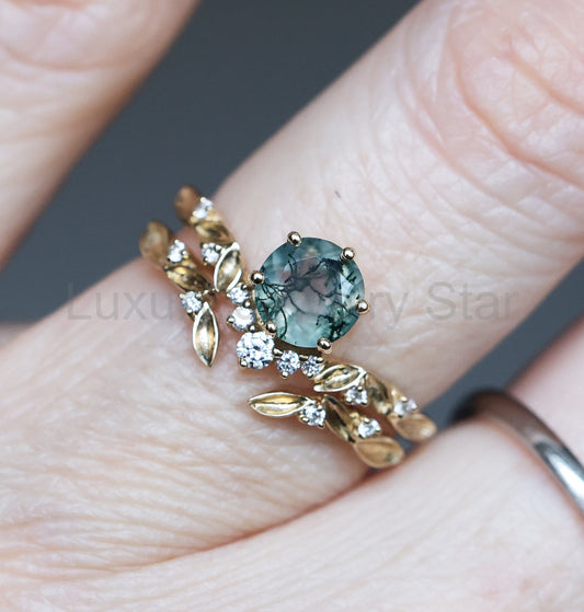 Round Moss Agate Diamond Leaf Ring Set- 14k Yellow Gold - Ready to Ship / Inti - image 2