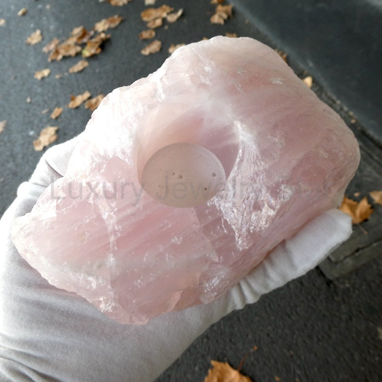 Rose Quartz Candle Holder - Lovely Raw Rock, space for T-Light - image 2