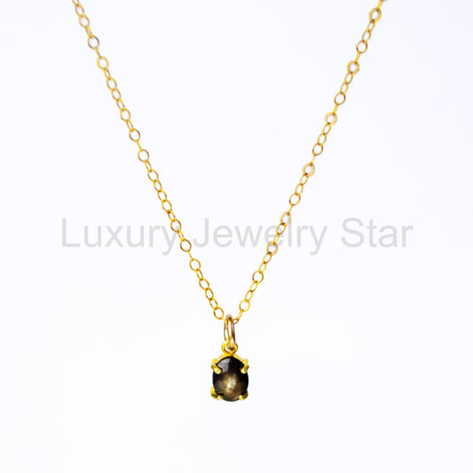 Black Star Sapphire Oval Prong-Set Cabochon Necklace, 925 Silver or 18k Gold Vermeil, Minimalist