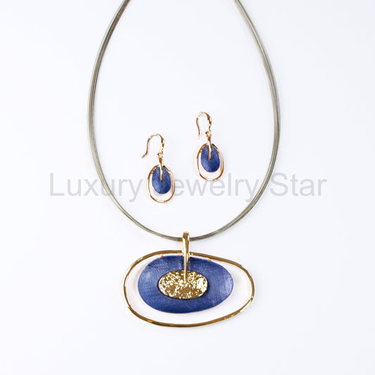 Boho Abstract Double Oval Jewelry Set, Chic Large Bold Color Pendant, Unique Artsy Gift for Women