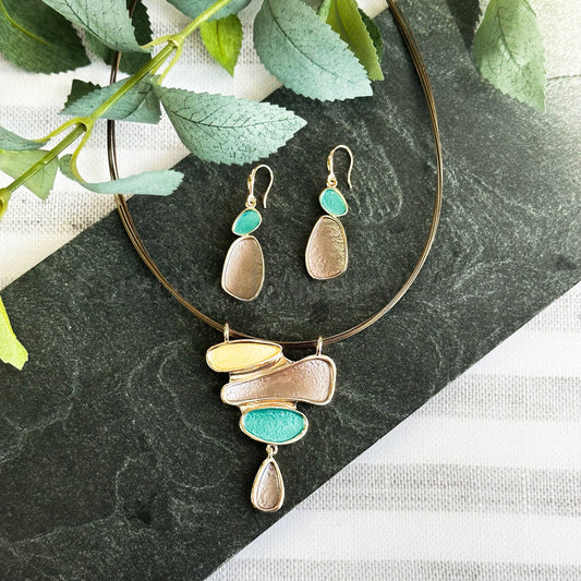 Boho Abstract Stacking Stones Jewelry Set, Rose Gold Modern Art Statement Necklace and Earrings