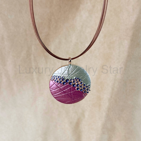 Boho Bubble Mosaic Pendant Necklace, Rose Gold Statement Statement Necklace, Purple and Teal Large