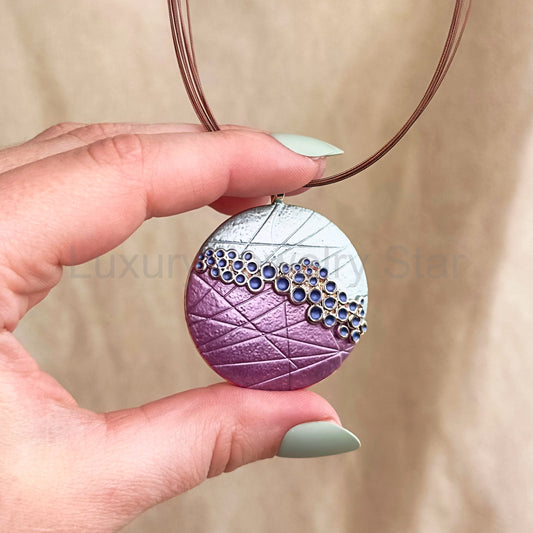 Boho Bubble Mosaic Pendant Necklace, Rose Gold Statement Statement Necklace, Purple and - image 2