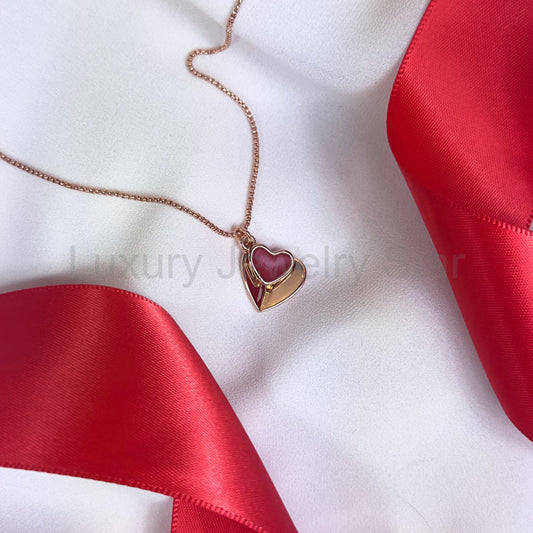 Boho Endless Romance Necklace, Double Heart Charm Rose Gold Statement Jewelry, Red Love Hearts