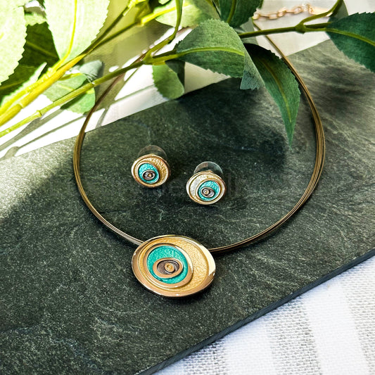 Boho Evil Eye Jewelry Set, Rose Gold Bohemian Chic Statement Necklace, Swirl Spiral Circle Pendant