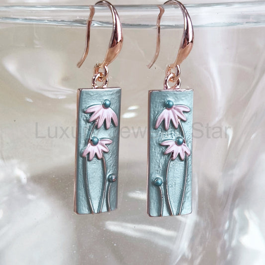 Boho Flower Portrait Earrings, Rose Gold Dangle Earrings, Bohemian Chic Pink and Blue Floral